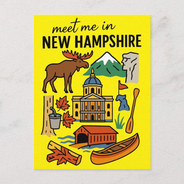 Cartão Postal Meet Me In New Hampshire Mountains Retro Icons (Frente)