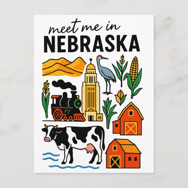 Cartão Postal Meet Me In New Nebraska Landmarks Icons (Frente)