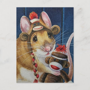 Cartão Postal Meia Macaco Rato de Arte de Natal Antigo