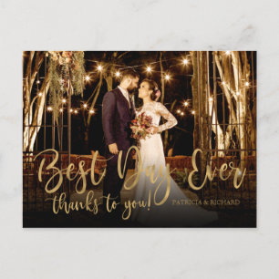 Cartão Postal Melhor Dia de Todos Script Dourado Foto Casamento 
