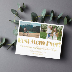 Cartão Postal "melhor mãe de sempre" luxo ouro 2 fotos colagem 