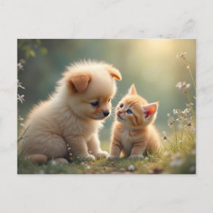 Cartão Postal Melhores amigos - cachorrinho fofo e gatinho na gr