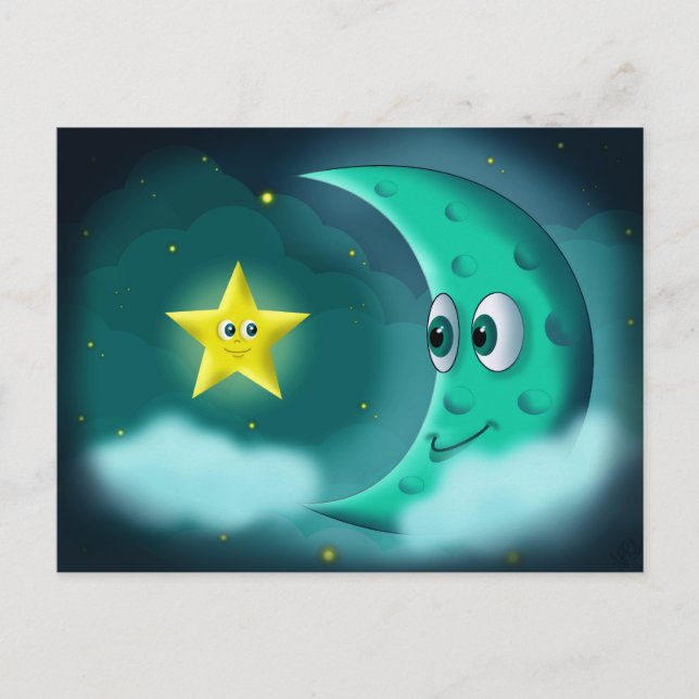 Cartão Postal Melhores Amigos Lua Azul e Estrela Amarela (Frente)