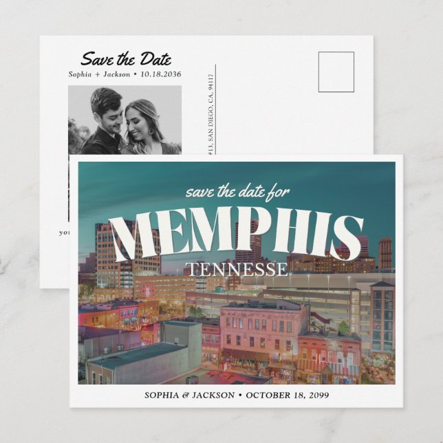 Cartão Postal Memphis Wedding Save the Date Retro Skyline (Frente/Verso)