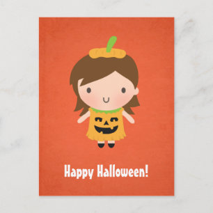 Cartão Postal Menina Abóbora Fofa para Crianças no Halloween