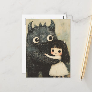 Cartão Postal Menina Adorável e seu Amigo Monstro Fantasia