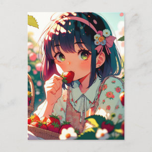 Cartão Postal Menina Anime Fofa Comendo Morangos  