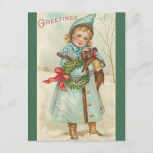 Cartão Postal Menina Antiga Com Cachorro Natal