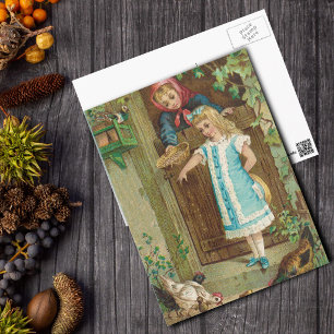 Cartão Postal Menina Antiga com Mãe Alimentando Galinhas