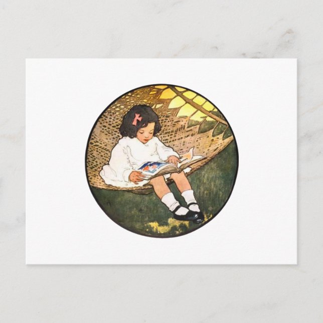 Cartão Postal Menina Antiga Lendo em uma Rede  (Frente)