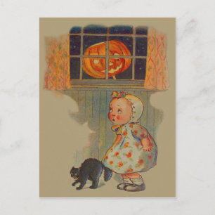 Cartão Postal Menina Assustada Jack O' Lantern Gato Preto Pegadi