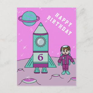 Cartão Postal Menina Astronauta no Espaço da Lua  Feliz Aniversá