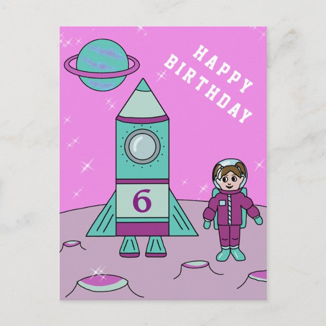 Cartão Postal Menina Astronauta no Espaço da Lua  Feliz Aniversá (Frente)