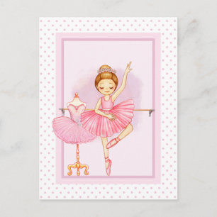 Cartão Postal Menina bailarina & ursinho de pelúcia bolinhas ros