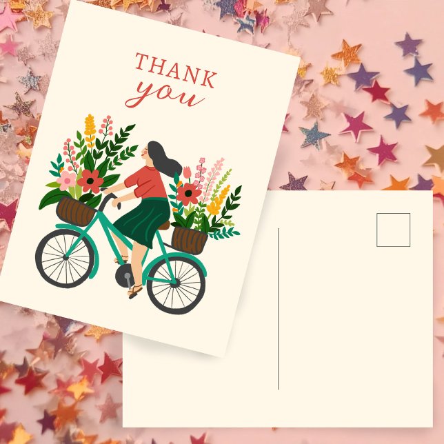 Cartão Postal Menina Bonita Andando de Bicicleta com Flores OBRI (Cute Girl Riding Bicycle w Flowers THANK YOU Postcard
)