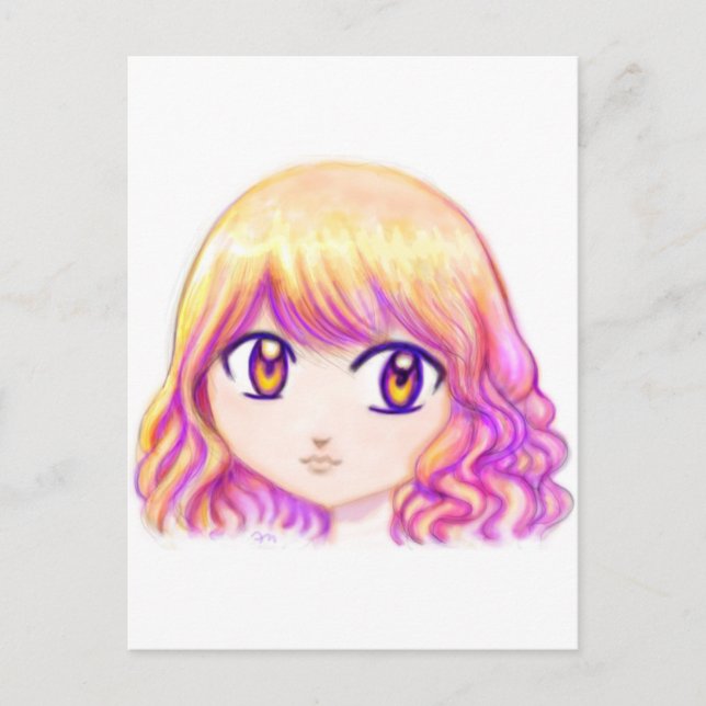 Cartão Postal Menina Bonita Com Cabelo Colorido Criativo Manga (Frente)