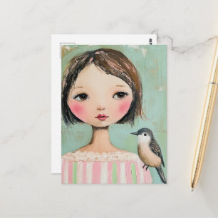 Cartão Postal Menina Bonita Com um Pássaro no Ombro