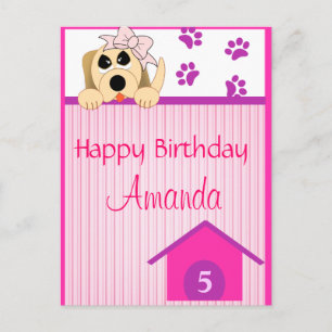 Cartão Postal Menina Cachorro com Arco e Cachorro de Aniversário