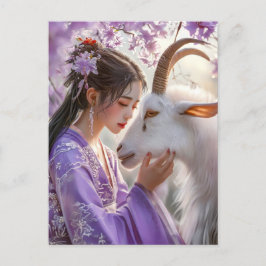 Cartão Postal Menina com Bode Arte do Zodíaco Chinês