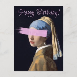 Cartão Postal Menina com brinco de pérola pop art Feliz aniversá