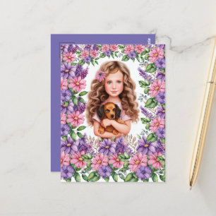 Cartão Postal Menina com Cachorrinho Dachshund