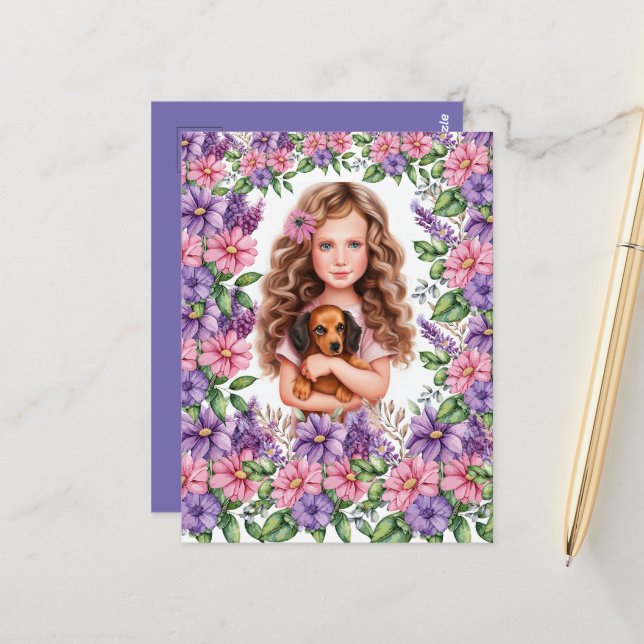 Cartão Postal Menina com Cachorrinho Dachshund (Frente/Verso In Situ)