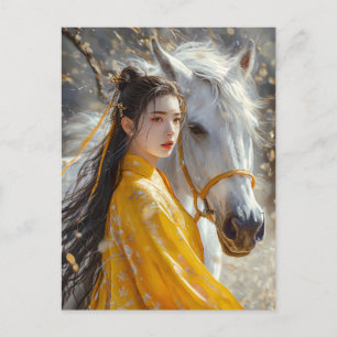 Cartão Postal Menina com Cavalo Arte do Zodíaco Chinês