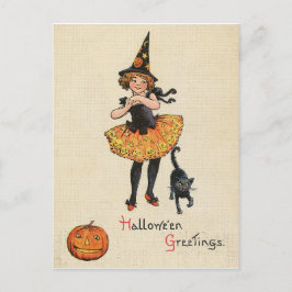 Cartão Postal Menina com fantasia de bruxa de Halloween, gato pr