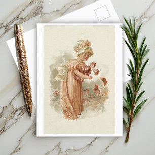 Cartão Postal Menina com Flores Cor-de-Rosa e Borboletas
