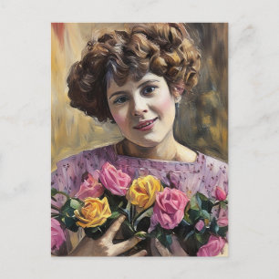 Cartão Postal Menina com flores pintura em pastel