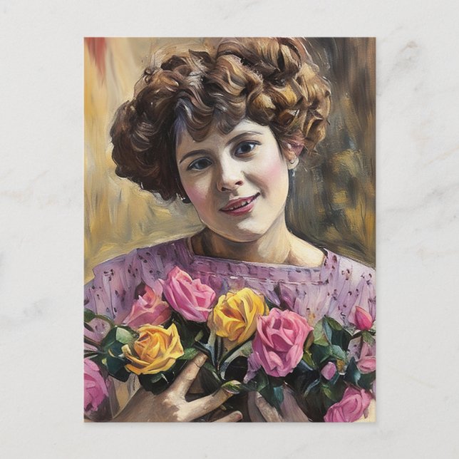 Cartão Postal Menina com flores pintura em pastel (Frente)