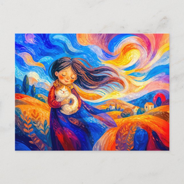 Cartão Postal Menina com gato em cores fluidas e ventosas (Frente)