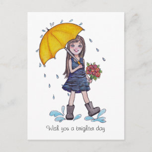 Cartão Postal Menina Com Guarda-Chuva Amarelo Em Aquarela