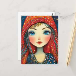 Cartão Postal Menina Com Olhos Azuis Vestida de Vermelho e Azul