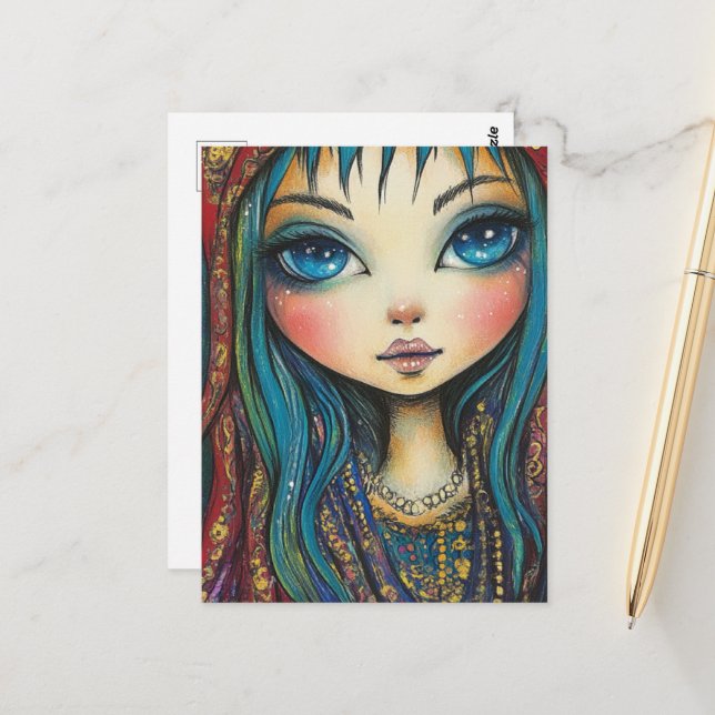 Cartão Postal Menina Com Olhos e Cabelos Azuis (Frente/Verso In Situ)
