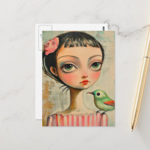 Cartão Postal Menina com passarinho verde fofo no ombro