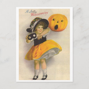 Cartão Postal Menina com Pumpkin e Máscara