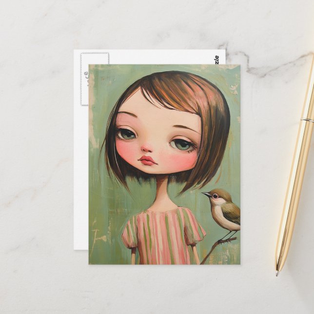 Cartão Postal Menina Com um Pássaro (Frente/Verso In Situ)