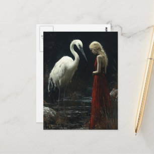 Cartão Postal Menina Com um Pássaro Branco Gigante