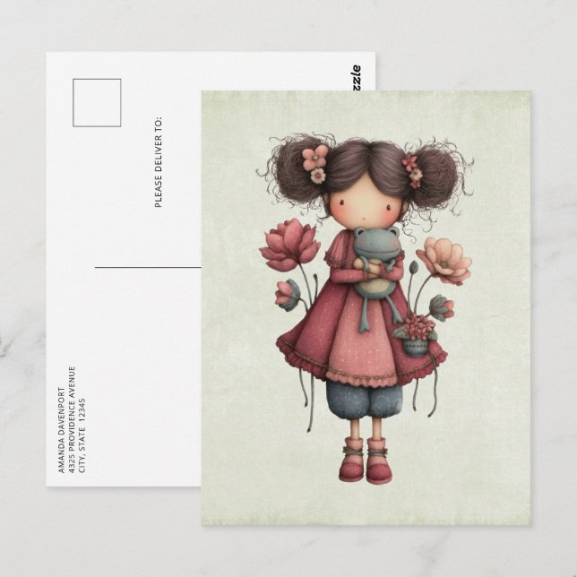 Cartão Postal Menina com uma boneca de sapo fofa e caprichosa (Frente/Verso)
