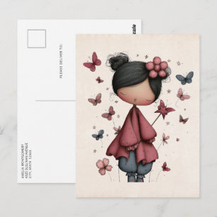 Cartão Postal Menina com Varinha Mágica e Borboletas Fofa