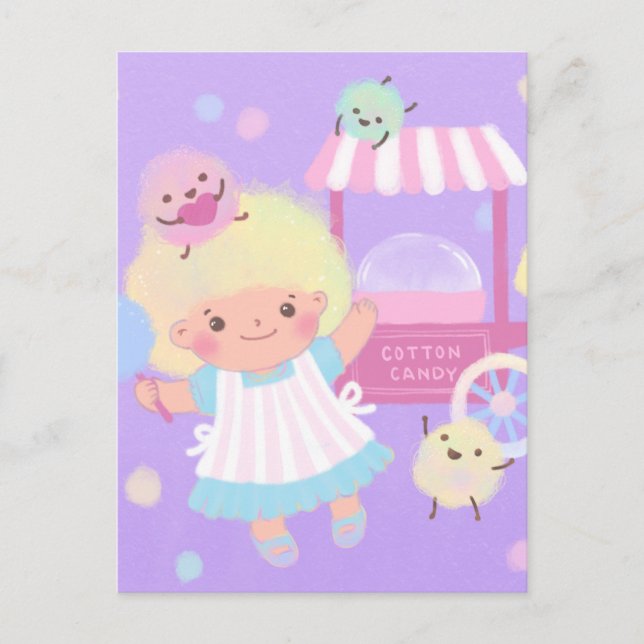 Cartão Postal Menina de Algodão Doce com Monstros Fofos e Macios (Frente)
