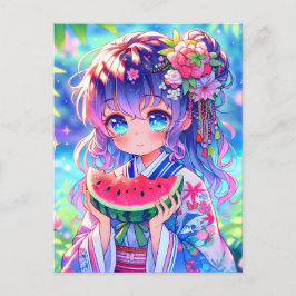 Cartão Postal Menina de animação bonita comendo melancia no dia 