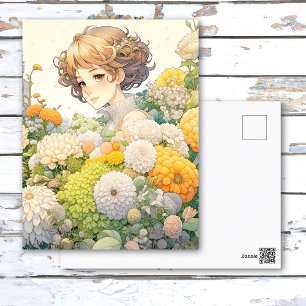 Cartão Postal Menina de Anime em Flores Amarelas Aniversário Per