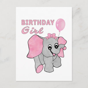 Cartão Postal Menina de Aniversário Elefante Bebê Rosa