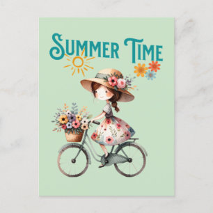 Cartão Postal Menina de Bicicleta com Flores Verão