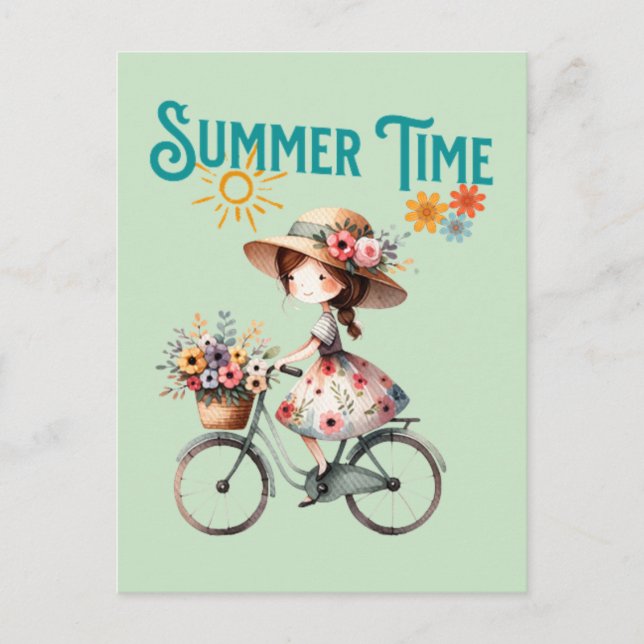 Cartão Postal Menina de Bicicleta com Flores Verão (Frente)