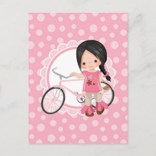 Cartão Postal Menina de Bicicleta de Cabelo Preto - Rosa Branco