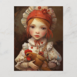 Cartão Postal Menina de Cabelo Vermelho Segura sua Galinha de Es
