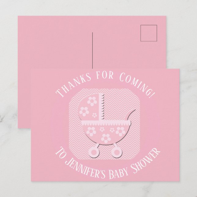 Cartão Postal Menina de Carrinho de Bebê Rosa Obrigada no Chá de (Frente/Verso)